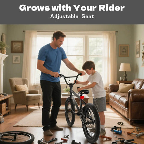 Adult and child adjusting Freestyle BMX Bike 18 Inch And 20 Inch For Kids Boys And Girls Trick Bicycle in living room
