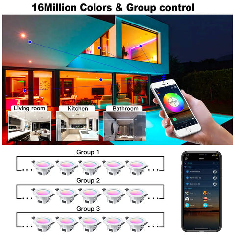 Smartphone controlling 4 Inch Smart LED Recessed Downlight Kit With 9W E26 Base via app showing group and color control