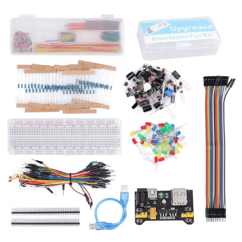 Massive Electronics Component Kit With 400 Plus Pieces Starter Pack USB Cable And Power Module Clear Labeled Storage Box Plug And Play Breadboard Ready 830 Tie Point Ideal For Arduino R3 Projects components displayed