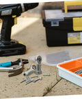 Image of Heavy Duty Threaded Rod End Bearings 4 Pack With Bulletproof Spherical Plain Design, tools, and screws on a work surface.