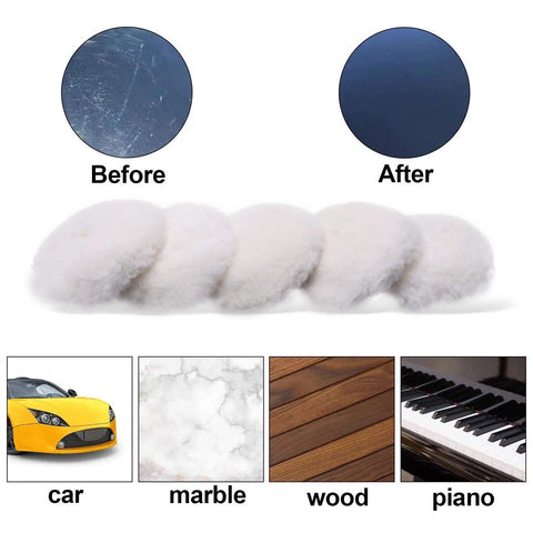 Before and after polishing with Top Notch Wool Buffing And Cutting Pad Set 3 Inch 80mm Lambs Wool Drill Pads for various surfaces