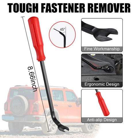 Tough Fastener Remover tool, 8.66 inch long, ergonomic red handle, designed for easy fastener installation in auto trim.