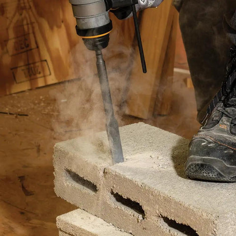 SDS Demolition Screwdriver Set With Flat Chisel And Bull Point Tips for Rotary Hammer Drills, in use on concrete blocks, 3-piece system
