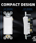 Front and side view of 4 Way Decorator Light Switch Upgrade, 15 Amp, 120 To 277 Volt AC, UL Listed, Glossy White, 5 Pack