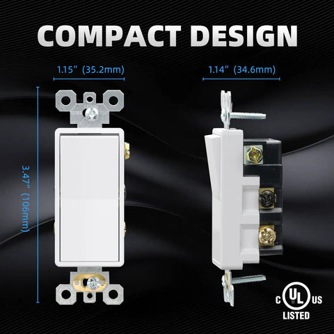 Front and side view of 4 Way Decorator Light Switch Upgrade, 15 Amp, 120 To 277 Volt AC, UL Listed, Glossy White, 5 Pack