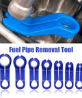 7 Piece Fuel Line Disconnect Tool Set With 1/4 5/16 3/8 1/2 5/8 3/4 7/8 Inch Openings in use on automotive pipe