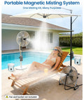 Portable Magnetic Misting System With Pump And 6000mAh Battery cooling patio area with loungers and umbrella