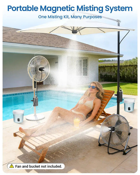 Portable Magnetic Misting System With Pump And 6000mAh Battery cooling patio area with loungers and umbrella