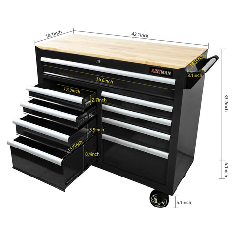 Beefy 9 Drawer Rolling Tool Chest On Wheels With Wood Top Heavy Duty Steel Tool Cabinet For Garage Workshop Or Warehouse Large Capacity Tool Organizer For Tools Parts And Gear, black with wood top