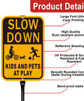 Slow Down Kids At Play Safety Signs In Yellow And Black Reflective Aluminum 14 By 10 Inches Weatherproof Outdoor Signs 2 Pack With 36 Inch Metal Stakes For Driveways And Parking Areas displayed with product details.
