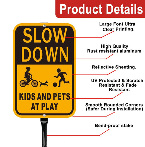Slow Down Kids At Play Safety Signs In Yellow And Black Reflective Aluminum 14 By 10 Inches Weatherproof Outdoor Signs 2 Pack With 36 Inch Metal Stakes For Driveways And Parking Areas displayed with product details.