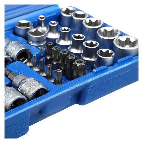 34 Pc Pro Torx Star Socket And Bit Set With Male And Female Security Bits Drive Hand Tool Kit For Heavy Duty Auto Repair And Tough Bolt Loosening Tasks, blue case