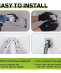 Pokin 360W white central vacuum wall inlet valve installation collage showing four steps on a wall plate