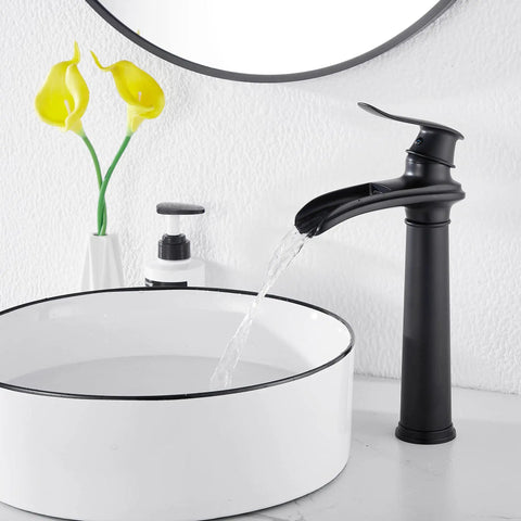 Matte Black Farmhouse Vessel Sink Faucet With One Hole, Tall Above Counter Waterfall Style, Single Handle next to white sink