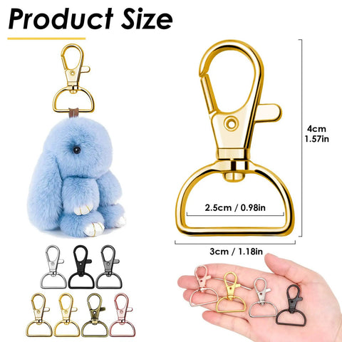Rock Solid Swivel Hook Clips 80 Piece Assorted Kit D Ring Clasps For Keychains Lanyards No Sweat Purse Hardware showing sizes and colors.
