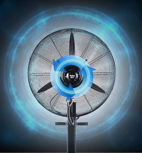 Close-up view of Rock Solid Mist Blower 3 Speed Pedestal Fan commercial cooling vaporizer with oscillating head.
