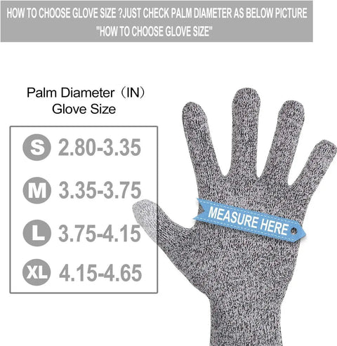 Size chart showing palm diameter measurements for 4 Pack Cut Resistant Gloves Level 5 Protection For Kitchen Prep And Food Handling