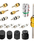 16 Piece Car AC Valve Core Repair Kit For R134a R12 Systems With High And Low Pressure Sealing Caps And Disassembly Tool Universal Fit For Cars Black And Durable