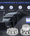 32 And 33mm Lug Nut Covers For Semi Trucks And Trailers Screw On ABS Chrome Wheel Hub Caps Kit With Installation Tool Flat Top Removable Covers 2 Front 4 Rear Rustproof And Durable Wheel Protection, displayed against a truck background highlighting waterproof and anti-rust features