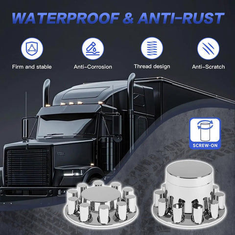 32 And 33mm Lug Nut Covers For Semi Trucks And Trailers Screw On ABS Chrome Wheel Hub Caps Kit With Installation Tool Flat Top Removable Covers 2 Front 4 Rear Rustproof And Durable Wheel Protection, displayed against a truck background highlighting waterproof and anti-rust features