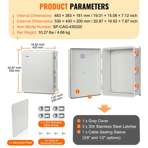 Weatherproof Junction Box Made From Heavy Duty ABS With Sturdy Hinged Lid And Stainless Steel Lock, IP67 Rated Outdoor Electrical Box For Tough Weather, Big Interior Space For Wiring Projects And Easy Access with dimensions shown.