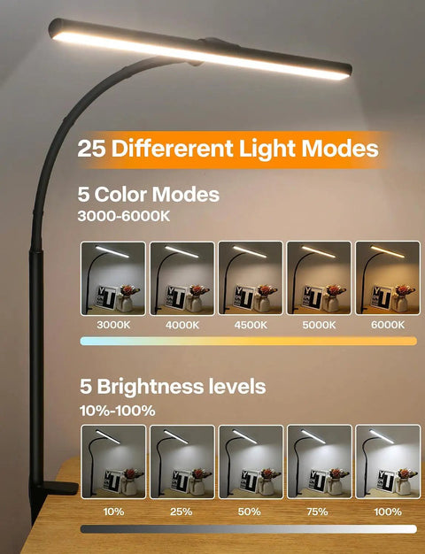 Eye Care Desk Lamp for Home Office with Flexible Gooseneck Clamp, showing 25 lighting modes, brightness and color temps.