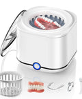 Ultrasonic Retainer Cleaner 48KHz High Frequency Cleaning Machine For Dentures, Mouthguards, Braces, Night Guards, Toothbrushes And Jewelry With 7.8 Oz Cleaning Pod In Cool White showing lid open and basket.