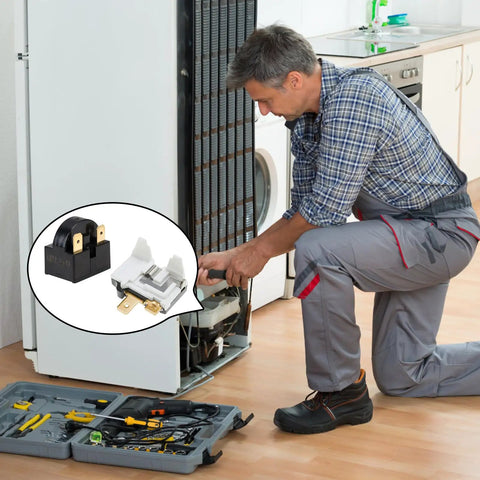 Technician installing PTC Refrigerator Start Relay And Overload Protector Kit With 3 Pin 15 Ohm Starter and 1 4HP overload on LG refrigerator.