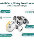 Heavy Duty 50 Pack Dual Outlet Compression Stop Valve Half Inch Fip X 3 8 Od To 3 8 Od 1 4 Turn Angle Shut Off Handle Water Supply Valve For Bidet Sink Washer Super Easy Hookup, close-up view showing brass construction and ergonomic handle.