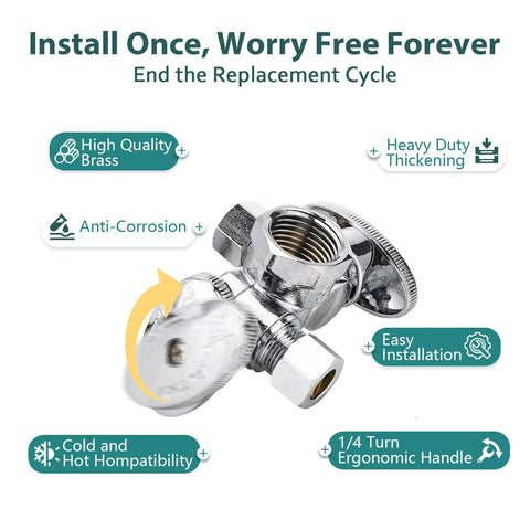 Heavy Duty 50 Pack Dual Outlet Compression Stop Valve Half Inch Fip X 3 8 Od To 3 8 Od 1 4 Turn Angle Shut Off Handle Water Supply Valve For Bidet Sink Washer Super Easy Hookup, close-up view showing brass construction and ergonomic handle.