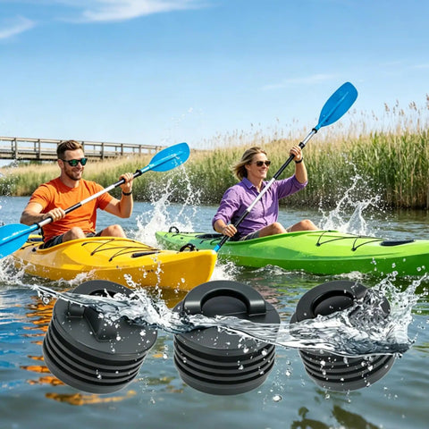Large 8 Pack Kayak Scupper Plugs Kit With Silicone Handle shown with kayakers on water, leakproof design highlighted