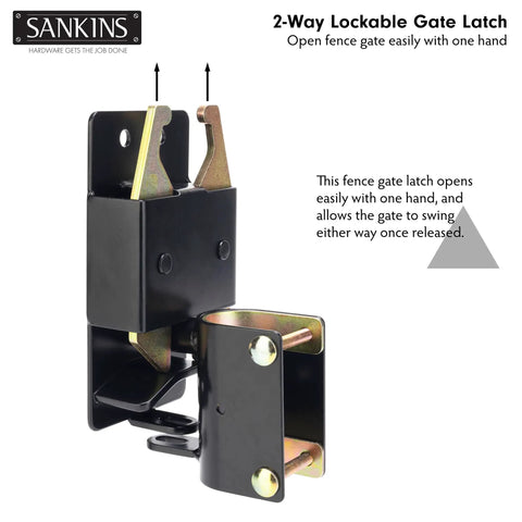 Heavy Duty Two Way Gate Latch, Super Secure Lockable Farm Fence Hardware, opens easily with one hand for ranch gates.