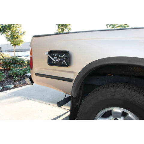 Big Magnetic Nut And Bolt Tray For Garages And Workshops Black 6 By 10 Inches attached to truck bed with tools visible