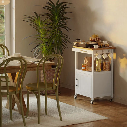 Slick Rolling Microwave Cart With Boss Level Storage Built Onto A Rock Solid Rubberwood Base, Crisp White Kitchen Island Station, 22x18x35 inches.