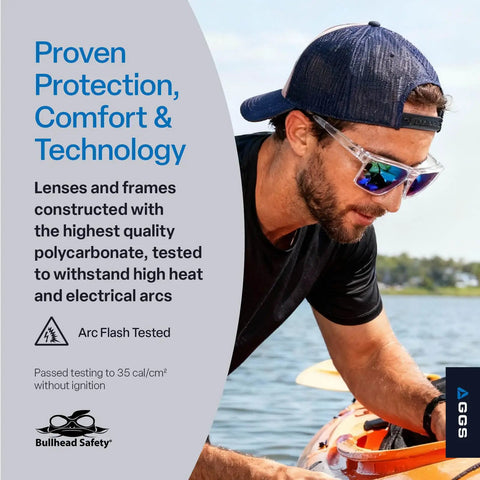 Person wearing Pompano Anti Fog Safety Glasses With Lightweight Frame Hydrophilic Lenses UV Blocking Impact And Scratch Resistant Green Mirror Or Clear Lenses near water.