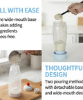 All In One Pancake Batter Dispenser With BlenderBall and Wire Whisk, filling batter with wide-mouth 33oz container.