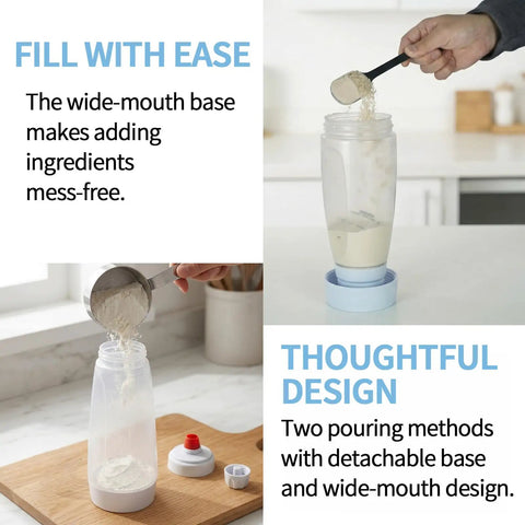 All In One Pancake Batter Dispenser With BlenderBall and Wire Whisk, filling batter with wide-mouth 33oz container.