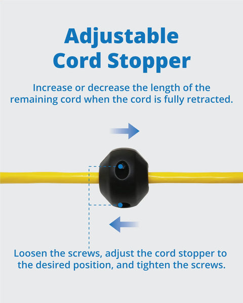 Adjustable cord stopper on Beefed Up 50 Ft Retractable Extension Cord Reel With 14 3 AWG SJTOW Power Cord Lighted Triple Tab Outlet 4.5 Ft Lead In Swivel Wall Or Ceiling Mount UL Listed