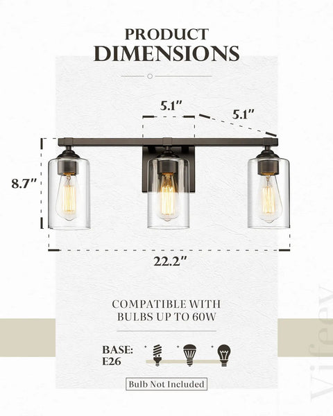 Three Light Vanity Lights With Dope Oil Rubbed Bronze Finish And Clear Glass Shades For Bathroom Vanity Mirror Bedroom Living Room And Hallway Easy Install E26 Base dimensions and bulb compatibility chart