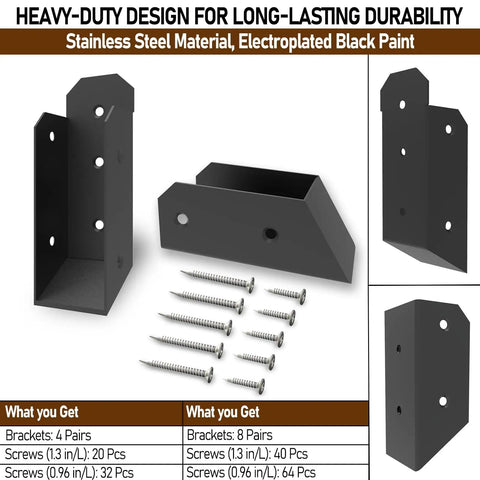 Image showing Four Pairs 35 Degree Stair Angle Deck Railing Connectors made from 201 Stainless Steel Brackets in black paint with screws.