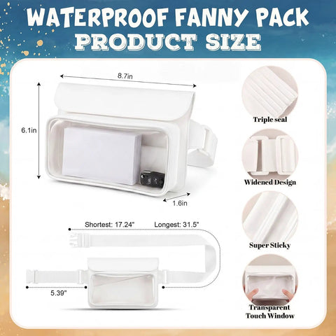 Waterproof Phone Pouch Fanny Pack IPX8 With Floating Dry Bag and adjustable waist strap shown in white with measurements.