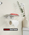 Toilet Paper Holder With Phone Shelf Fits Five Inch Rolls 304 Stainless Steel Brushed Finish Wall Mount Bathroom Organizer
