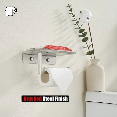 Toilet Paper Holder With Phone Shelf Fits Five Inch Rolls 304 Stainless Steel Brushed Finish Wall Mount Bathroom Organizer