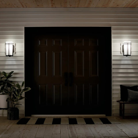 Black Outdoor Wall Light With Satin Etched Opal Glass 1 Light Exterior Sconce For Porch And Walkway shown on white exterior