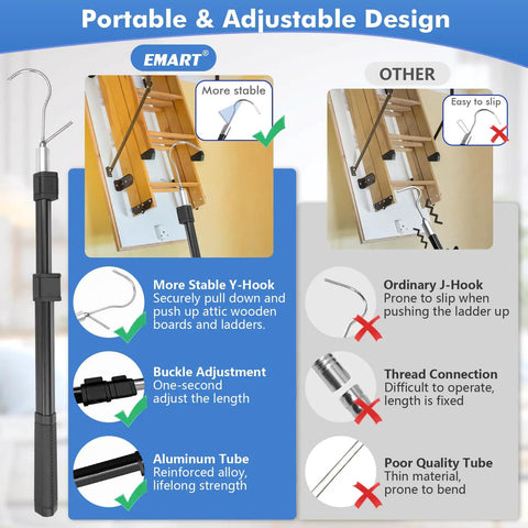 Beefy Attic Pull Down System Kit With Adjustable 17 To 36 Inch Range shown with Y-hook and handle, illustrating stability and adjustable features.