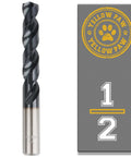 Front view of 1/2-inch TiAIN-coated M35 cobalt drill bit for metal beside Yellow Paw packaging (Amazon brand).