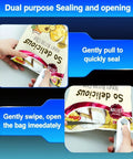 Person using 2 In 1 Bag Sealer With Cutter And Magnet, Rechargeable Vacuum Seal Machine to open snack bag