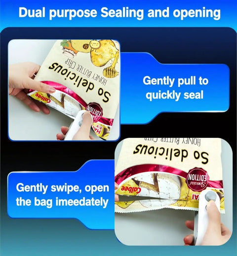 Person using 2 In 1 Bag Sealer With Cutter And Magnet, Rechargeable Vacuum Seal Machine to open snack bag