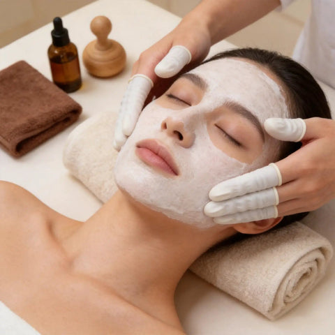 Woman receiving facial treatment with 400 Count Slick Latex Finger Cots Deliver Badass Anti Static Grip For Electronics Assembly Craft Projects Cleanroom Jobs And Precision Parts Handling Without Breaking A Sweat.