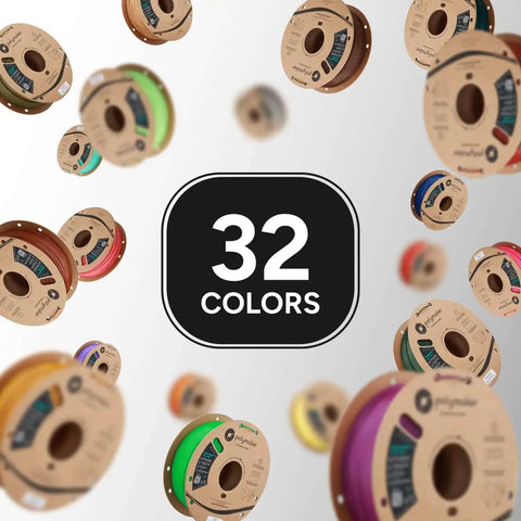 Assorted PLA filament spools in 32 colors surrounding a central black "32 Colors" sign